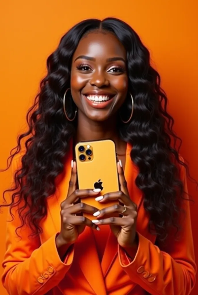 Une très belle femme noir très souriante avec des cheveux long tenant un iphone 14pro max avec des vêtements orange 