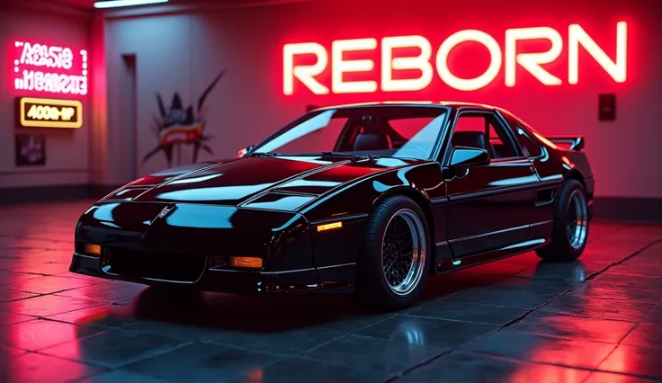 "Glossy black 2025 Pontiac Fiero in a retro 80s showroom, neon grid floor, split-screen with 1984 Fiero burning rubber, bold red ‘REBORN’ text, glowing ‘400HP’ stat, Speed Scout logo, 8K ultra-realistic."