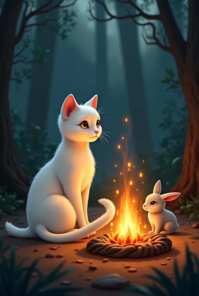 Here’s the scene where the cat and the rabbit are sitting together by the fire:

"The white cat and the small rabbit sit side by side, their eyes reflecting the warm glow of the fire between them. The fire crackles and pops, casting flickering shadows on t...