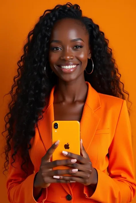 Une très belle femme noir très souriante avec des cheveux long tenant un iphone 14pro max avec des vêtements orange 