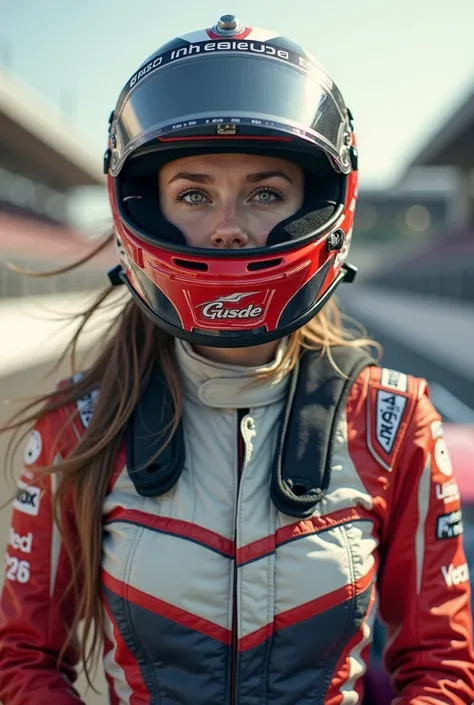 A 24-year-old female racing driver with light brown hair, fair skin and green eyes 