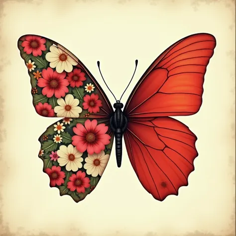 Create a music album cover, with a butterfly that has half of its body covered in beautiful flowers, And the other half is red. The butterfly must appear flying, and it should not occupy the majority of the image. The background should be vintage cream.