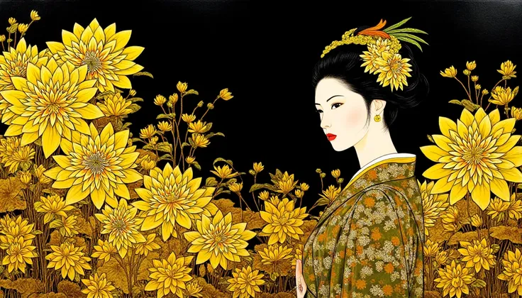 A highly detailed illustration in the style of traditional Japanese maki-e lacquer art, featuring an elegant geisha in a flowing kimono adorned with intricate golden floral patterns. She is surrounded by large, radiant chrysanthemums and delicate cherry bl...