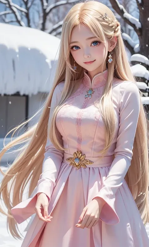 Female, Pink Princess Dress, Straight hair,  long hair,  Golden-haired, Blue Eyes, smile, Anime, Animeสมจริง, Look at the viewer , Accessories, diamond, Light sunlight , snow, พื้นหลังsnow, Sunshine Yellow