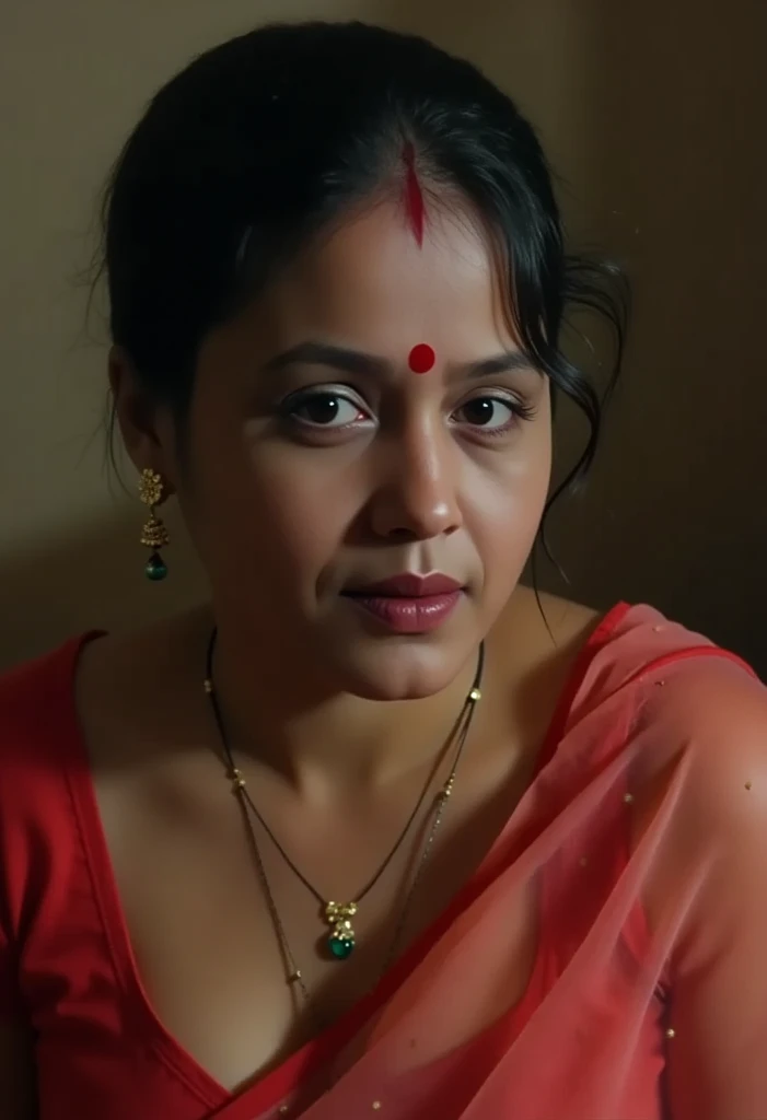 in a dimly light setting A naughty and curvaceous light neutral skin tone woman in transparent red sheer sari, ((woman face = character reference)) no blouse, no bra, bare breast and intricate jewelry glass green bangles and a red small bindi between her e...