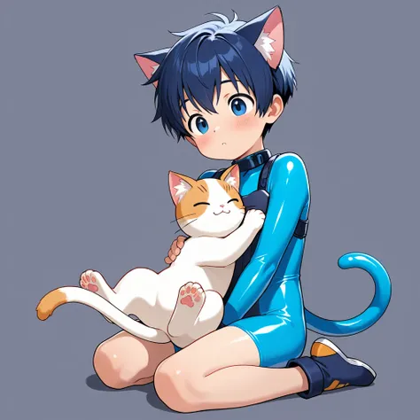  A boy，cute， blue short hair ，Cat ears，Cat&#39;s Paw， Shota，Rubber bodysuit，Little Hero，，