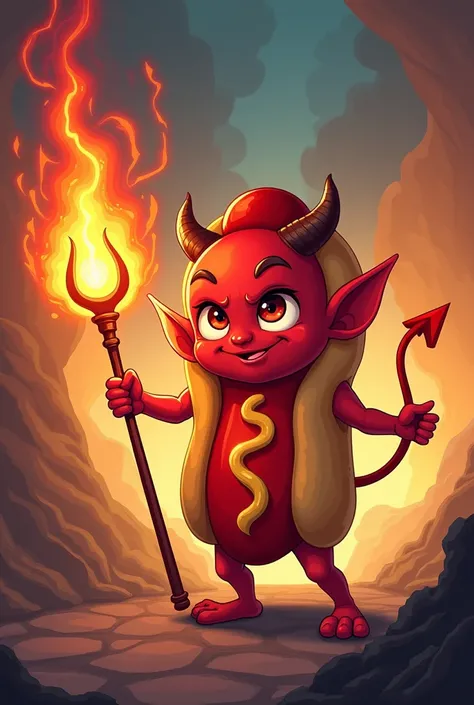 A cartoon of a little devil dressed as a hot dog holding a trident 