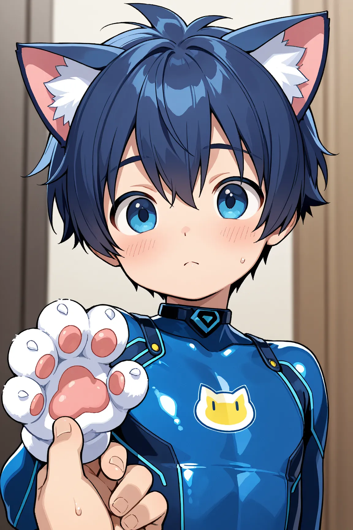  A boy，cute， blue short hair ，Cat ears，Cat&#39;s Paw， Shota，Rubber bodysuit，Little Hero，，