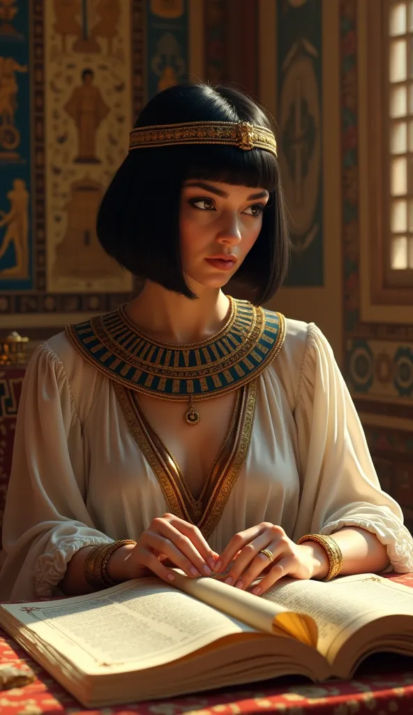 Queen Cleopatra with short straight hair sitting at a table reading scrolls in a palace in ancient Egypt,  ultra real and professional images