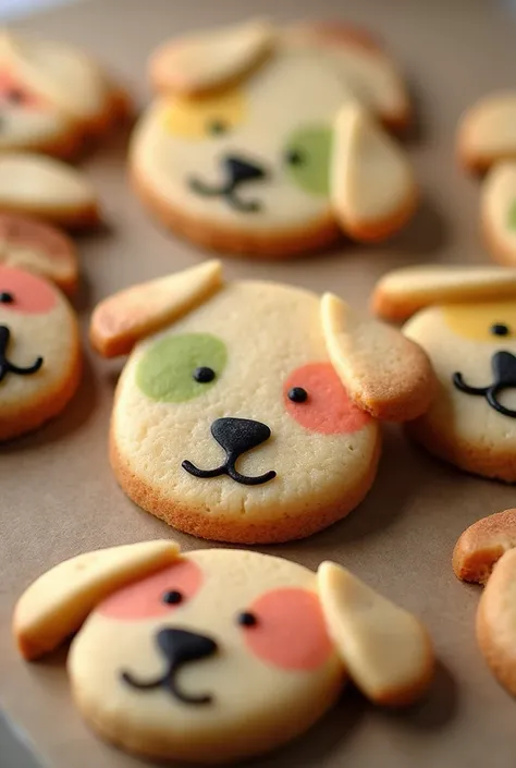 Cookies shaped as pup face with not sugar coating nor Glazed, just cookie dough, all with faint colors like red, green and yellow that seem organic