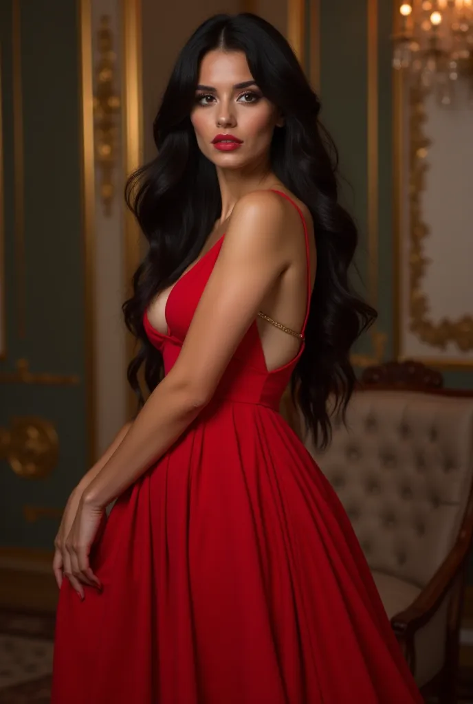 
Elina (very sexy red dress. A charming, attractive white face. Very Big, pink lips. Long black hair. A slender, athletic body. Very big curves. A dress that carefully reveals the details of her body and her curves that she flaunts).

Show in details how v...