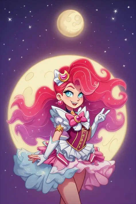 a young girl with long hair,Full of red,Wearing magical girl clothes inspired by the moon super colorful in pastel colors,With varies and some effects inspired by moons cats,tape,model sheet