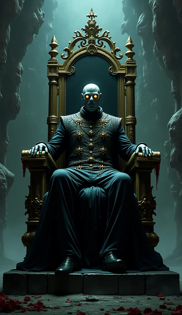 Create a dark, eerie digital illustration of a narcissistic ruler sitting on a towering, gothic throne made of mirrors and twisted faces frozen in admiration. The ruler has a sinister, smug expression, glowing eyes, and wears an opulent yet unsettling outf...