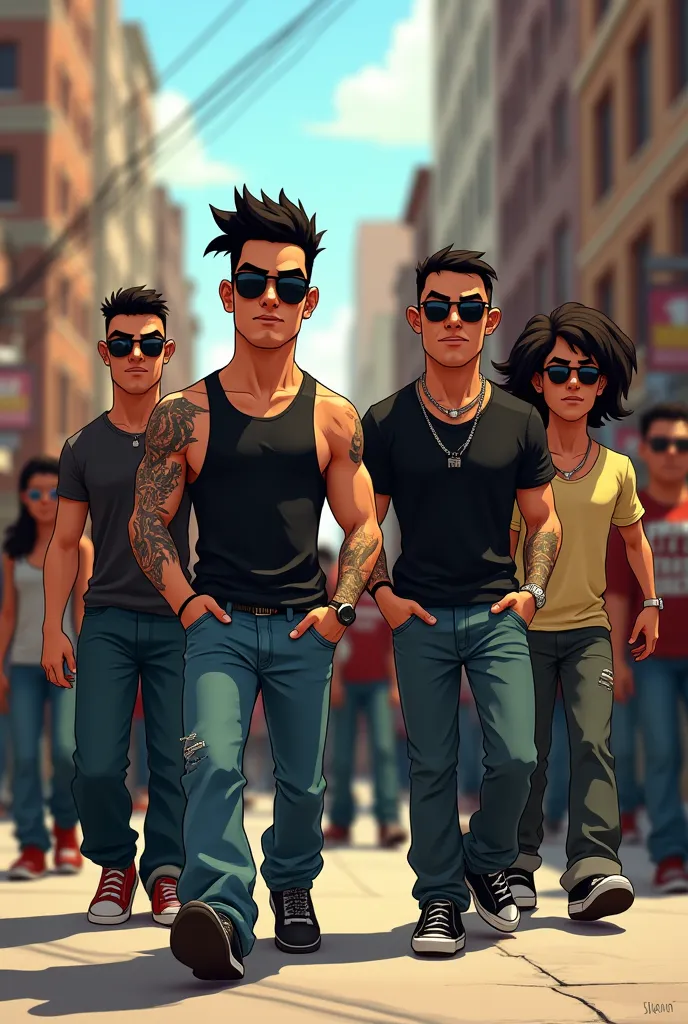 4 animated Cholos boys with dark glasses walking against a group of people making their way, one of them has tattoos on his arm
