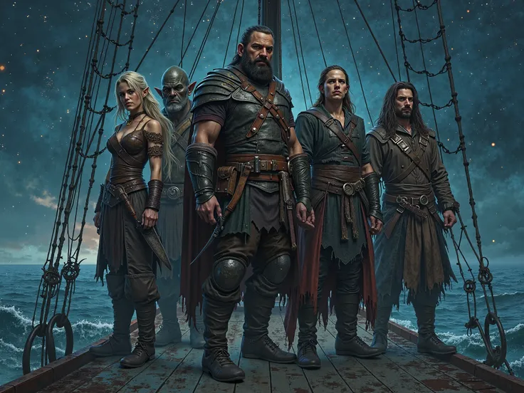 Pirate crew , including an elven woman, a dwarf, A half orc and 2 humans, on a ship on the high seas talking on deck looking straight ahead in a Dungeons and Dragons nighttime setting 