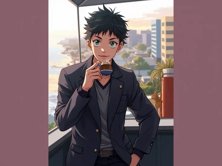 A  My Hero Academy-style anime boy, jet black hair, emerald green eyes, Smiling while standing on a roof looking at the sunset while drinking a hot chocolate smiling happily 