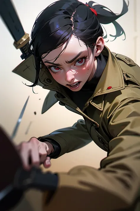 (best quality,4k,8k,highres,masterpiece:1.2),ultra-detailed,(realistic,photorealistic,photo-realistic:1.37),war,slaughter,abundant bloodstains,close-up shot,lady,long sword,gun,trench coat,beautiful face,sharp gaze,delicate,detailed,2.5D,grand,determined w...