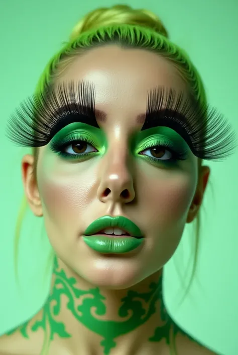 incredibly long and voluminous eyelash extensions, Bright green shadows, green lips ,  light background