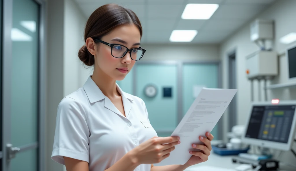 A petite nurse with glasses in a short, silky white uniform, tilting her head as she flips through medical records, deciding what’s best for you.