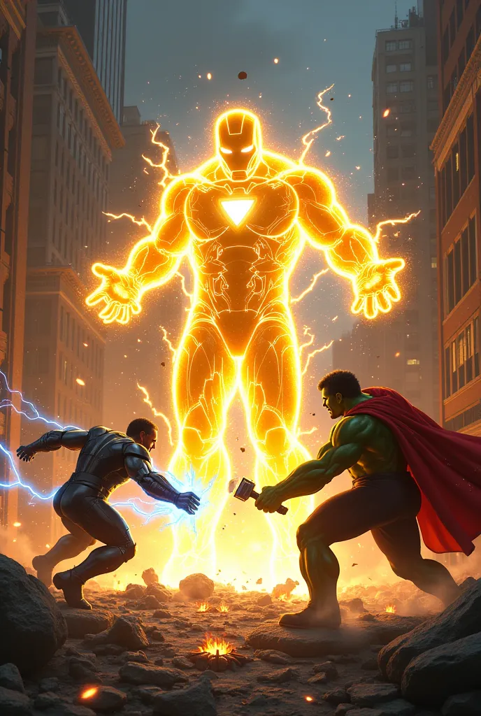 Here’s a detailed AI art prompt for your scene:  

**"Iron Man, Hulk, and Thor battle a powerful villain made of crackling yellow electricity in a chaotic cityscape at night. The villain’s body is pure energy, with lightning bolts arcing off their form, ey...