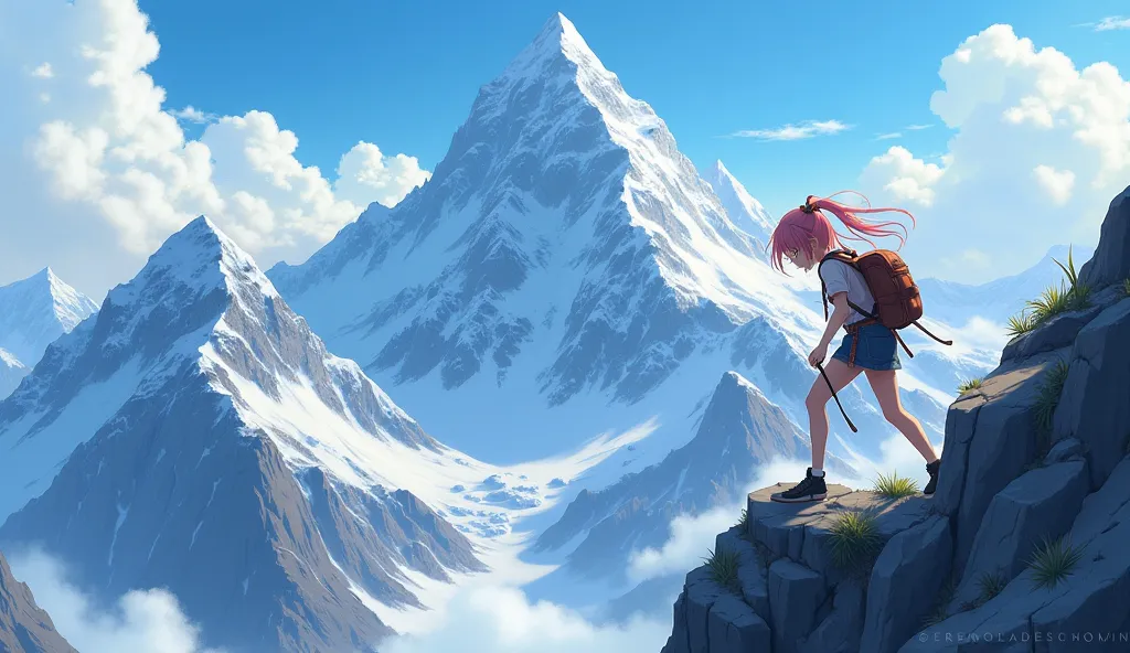 in the background, an adult anime girl climbs to the top of the mountain and the inscription is penny "CLIMBING ON THE TOP"