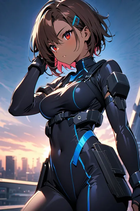 Masterpiece High res, high definition, (((dark skin tone))),dark skin male, red eyes, black hairpin, brown hair, long dark brown hair,meechs_musame, cyber wear,wearing a black exoskeleton, detached sleeves, black Gauntlets,  black cybertech bodysuit,black ...