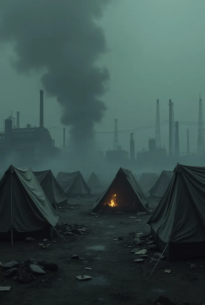 Lot of tents in polluted areas in darkness