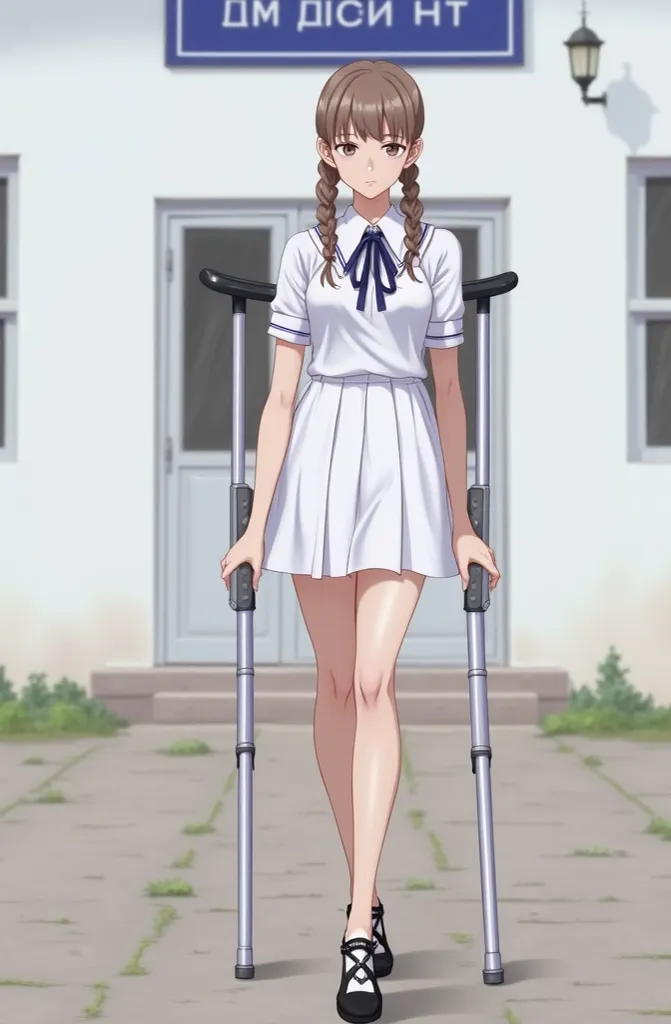 Highest quality (10 GB, high resolution, 1.5 "masterpieces"), excellent detail (realistic, photorealistic image). A beautiful girl leans on two crutches. One leg is amputated. Long hair is gathered in one braid. She is wearing a school uniform with a white...