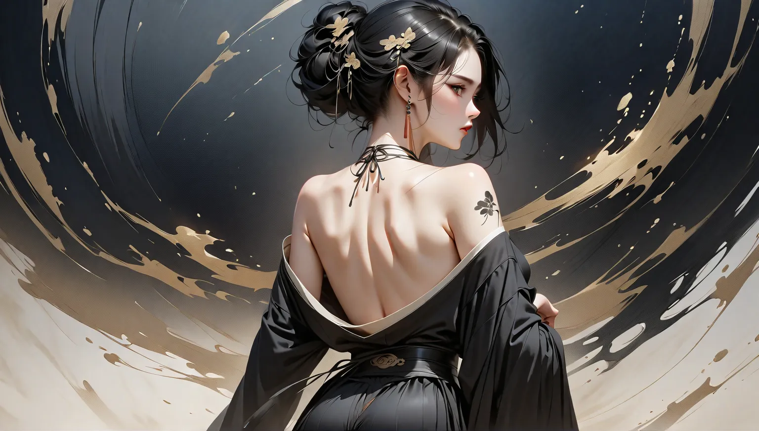 Masterpiece, detailed, Ink Painting, Beautiful Japanese Woman, mature, Delicate and precise, bare shoulders , sensual woman , sensual pose, from back, back, revealing back, looking at viewer 