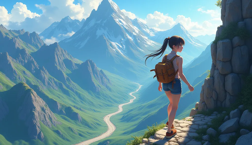 inscription in the background, an adult anime girl climbs to the top of the mountain, and in the center of the picture there is an inscription "CLIMBING ON THE TOP"