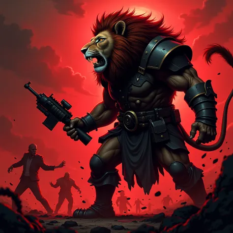 Make a page from a graphic novel, brutal,  with an anthropomorphic lion general holding a 12 versus zombies, showing tense dueling atmosphere with red light, dark fantasy, graphic novel, Cor, vivid, high detail,  cinematic footage, 8k, HD, high detail, dan...