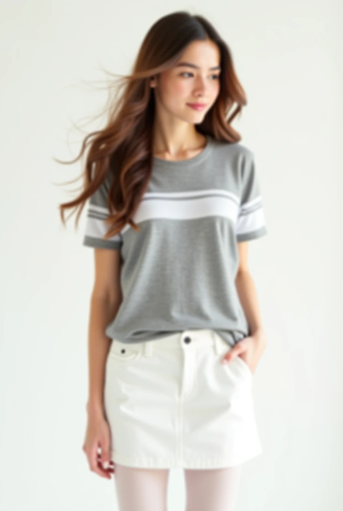 Long brown hair women's gray t-shirt with white stripes with white sleeves white skirt with white tights 