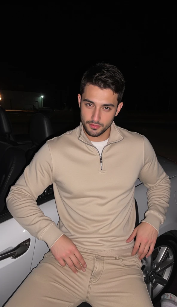 a handsome young turkish guy with muscle, dark very short hair fade middle parting and goatee beard  he wearing a light beige halfzip sweatshirt and a light beige loose jeans he is in a cabrio car with black seats amateur photo random picture and location ...