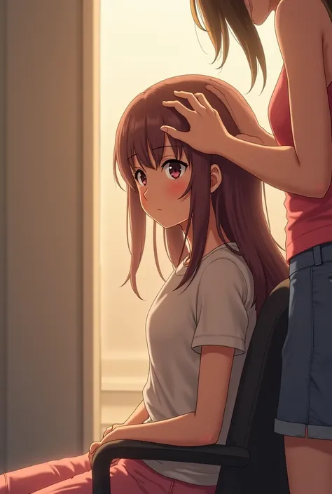 

**"Anime style video, the bathroom in soft light. The girl is sitting on a chair, hair falls on her shoulders. Girlfriend behind turns on hair clipper, sound of blades fills the room. The camera focuses on the first movement of the typewriter — a wide st...