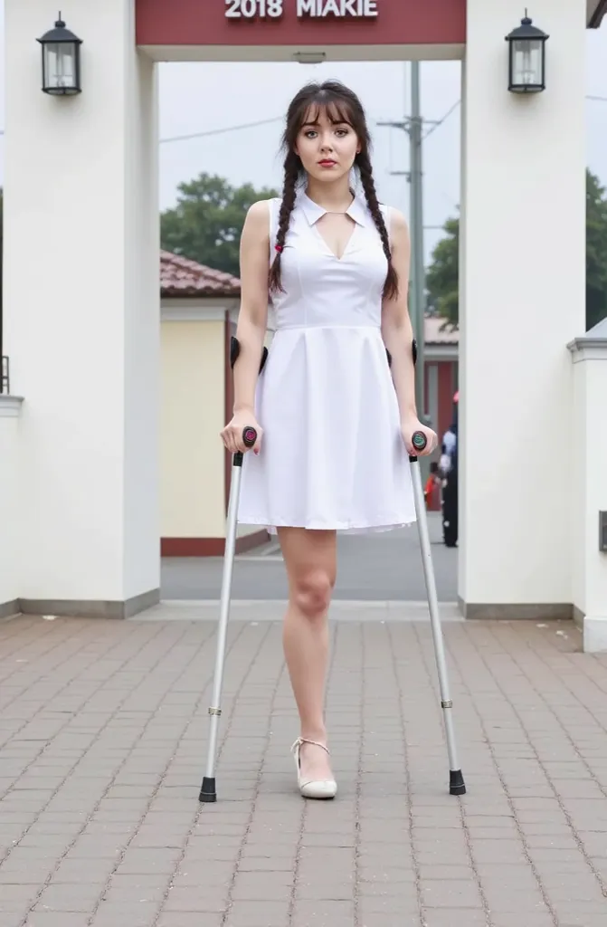 Highest quality (10 GB, high resolution, 1.5 "masterpieces"), excellent detail (realistic, photorealistic image). A beautiful girl leans on two crutches. One leg is amputated. Long hair is gathered in one braid. She is wearing a school uniform with a white...