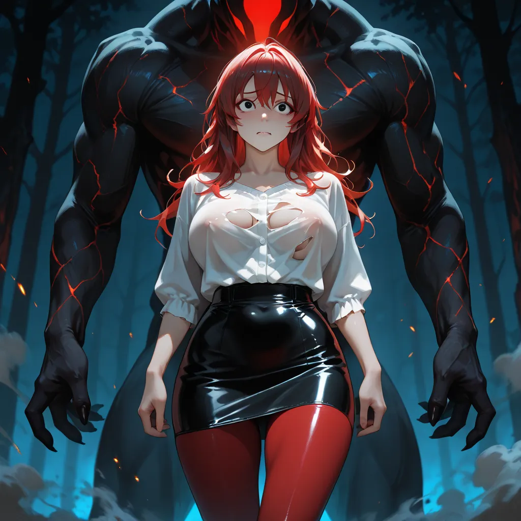 Ultra-detailed fantasy and nsfw scene in a dim and foggy forest at night. A black monster stands sideways behind a woman grabbing and rips her clothes. A curvy and voluptuous and mature woman, Hana haruna, luscious bust, colored messy hair, curvy accentuat...