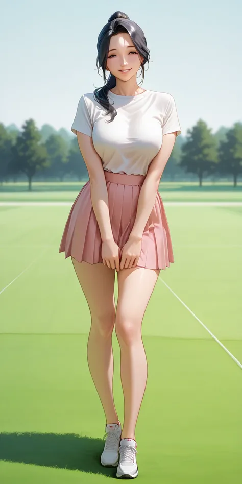 One panel view, masterpiece, newest, vibrant, very aesthetic, mature female, housewife, Black hair, high ponytail long hair, white t-shirts, pink pleated mini skirt, white sneakers, full body, parted lips ,smile, mature woman, golf field, best quality, sem...