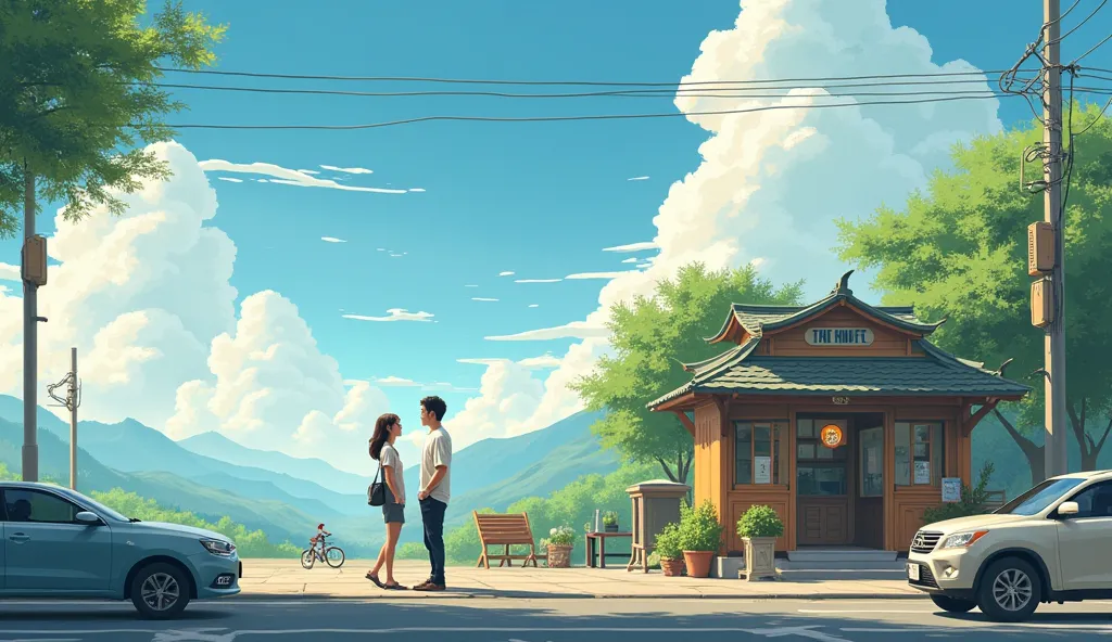 Couple talking in front of small tea shop. Vehicles moving in front of them. Clouds moving