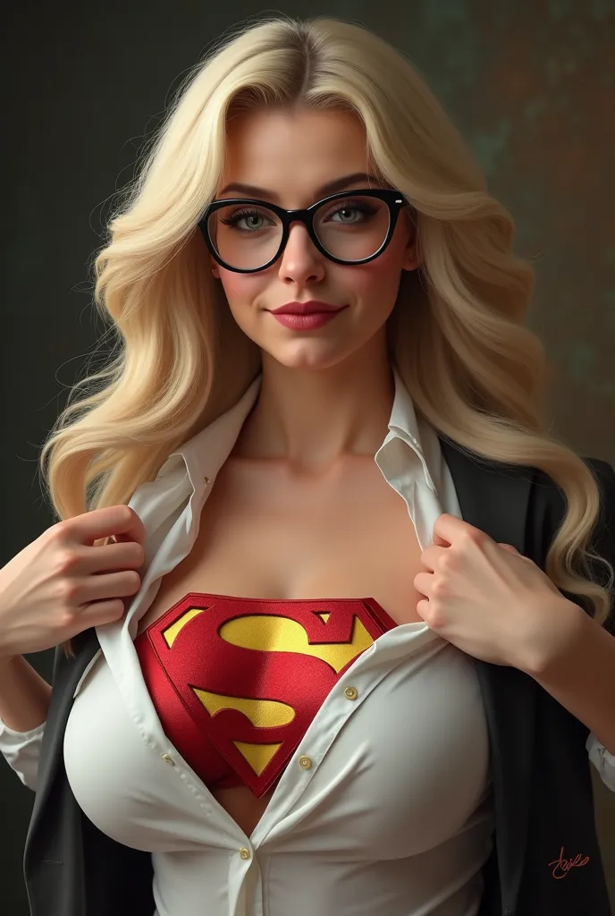 Beautiful English woman.Long blonde wavy haired. Massive breasts. Wearing glasses. Pulling open a white blouse to reveal a superman costume underneath. Smirking , head cocked. Looking at the viewer over the top of her goasses.