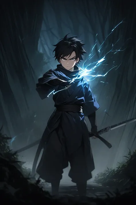 A young Japanese warrior of 19 years with black hair and determined eyes, wearing a black ninja costume with details in electric blue. He holds a ninja mask in one hand and, in the other, wield his sword Raikoumaru, that emanates a faint blue electricity. ...