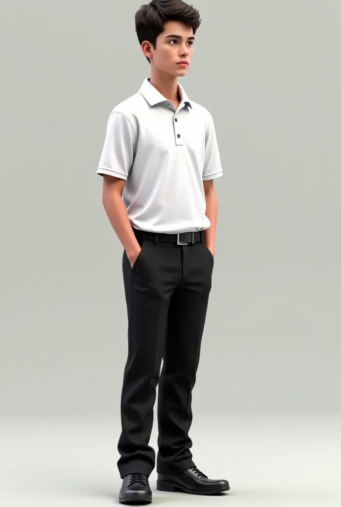 Also Wearing a school uniform. Black pants and white polo or t-shirt 