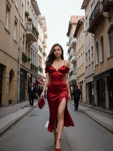 A beautiful woman walking confidently down a European-style city street, captured from the front view. She is facing forward, making eye contact with the camera. She wears a long, elegant red satin gown with no slits, fully covering her legs. The dress flo...