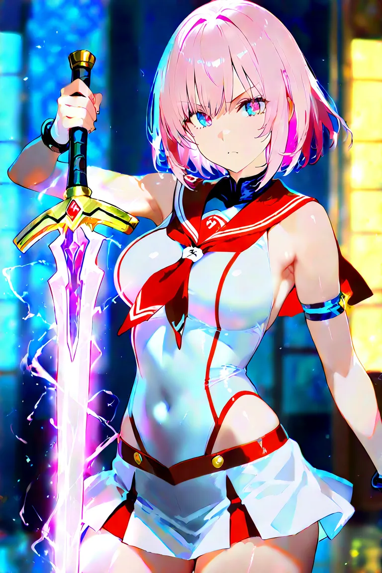 Beautiful Girl。pink hair。shortcuts。Fighting Transformation Heroine。tight sailor leotard suit。side。miniskirt。（holding a sword）。magic bracelet on the right arm。