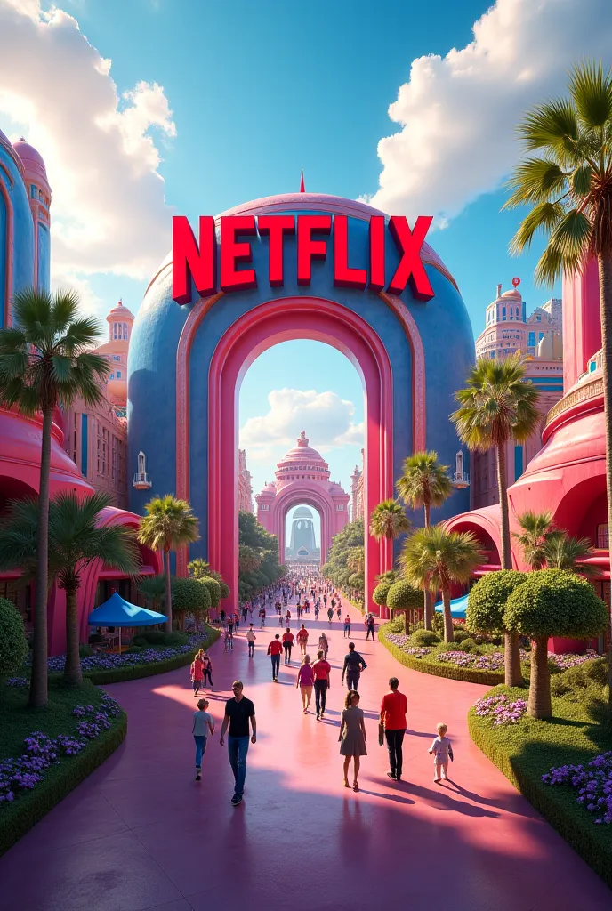 A vibrant and exciting concept art for a Netflix-themed amusement park called 'Netflix Universe' located in Los Angeles, California. The park should showcase iconic Netflix original content, with colorful and futuristic architecture. Imagine grand entrance...