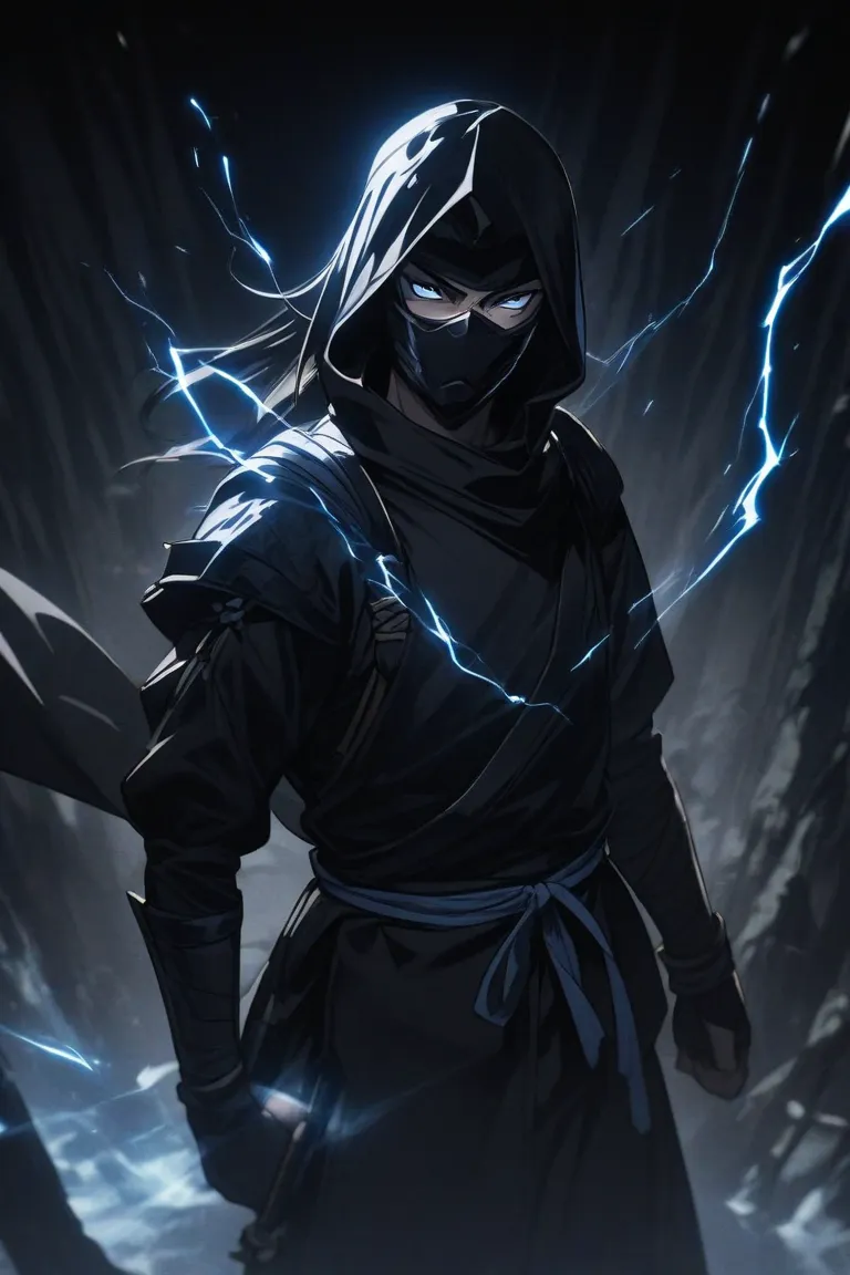 A 19-year-old Japanese warrior wearing a Ninja mask, wearing a black ninja costume with details in electric blue. He holds a ninja mask in one hand and, in the other, wield his sword Raikoumaru, that emanates a faint blue electricity. His expression is ser...