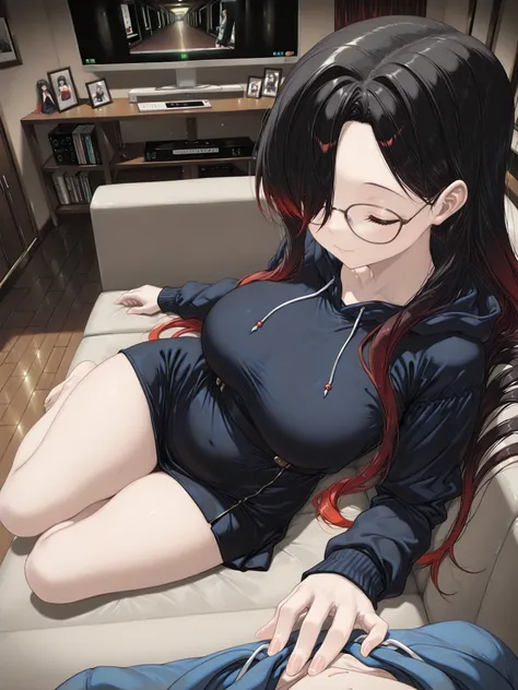 povovershoulder, 1girl, Kuroki Monika, closed eyes, glasses, gradient hair, black hair, red hair, long hair, asymmetrical hairline, hair over right eye, large breasts, (petite but curvy), blue hoodie dress, close-up, on side, couch, sleeping, watching tv, ...