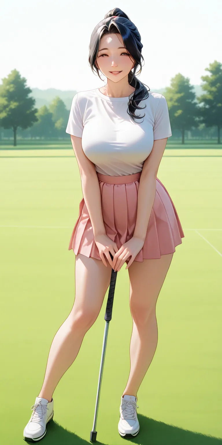 One panel view, masterpiece, newest, vibrant, very aesthetic, mature female, housewife, Black hair, high ponytail long hair, white t-shirts, pink pleated mini skirt, white sneakers, full body, parted lips ,smile, mature woman, golf field, best quality, sem...