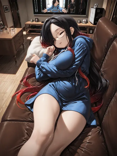 povovershoulder, 1girl, Kuroki Monika, closed eyes, glasses, gradient hair, black hair, red hair, long hair, asymmetrical hairline, hair over right eye, large breasts, (petite but curvy), blue hoodie dress, close-up, on side, couch, sleeping, watching tv, ...