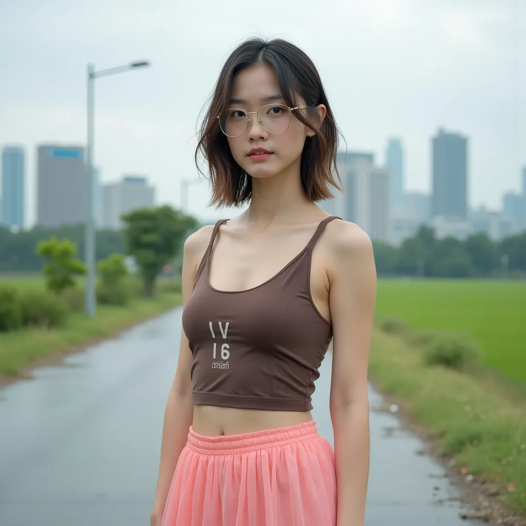 Capture a full body of a beautiful thai woman, 18-year-old, her wet high-lighted messy bob hair spreads across her shoulder, standing on a paved road, wearing a crisp, sheer, low-chest, MOCHA-BROWN singlet with a graphic design revealing a no-bra with C-cu...