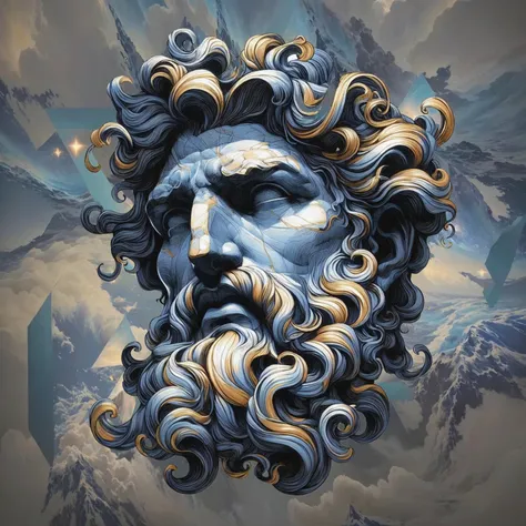 image arafée d'un homme avec une barbe et une couronne dorée, painted portrait du robuste Zeus, , le dieu Zeus, portrait de Zeus, portrait du robuste Zeus, Le Dieu Poséidon, Art numérique 4K hautement détaillé, peinture numérique de mythe grec, Dieu furieu...